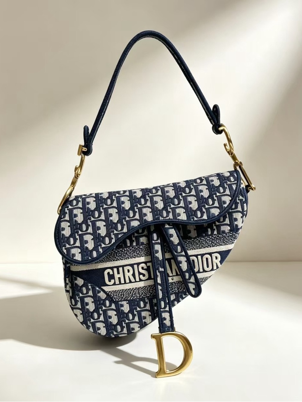 Vintage Dior Blue and Ivory Saddle Shoulder Bag